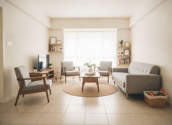 Bright HDB flat living room interior