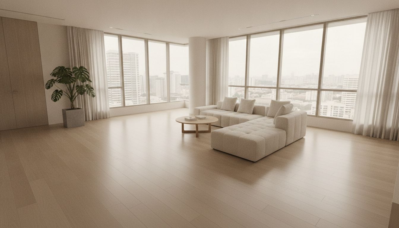 Bright minimal Singapore condominium living room interior