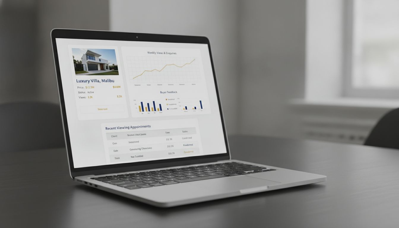 Real estate agent dashboard showing property views, enquiries, and viewing schedule