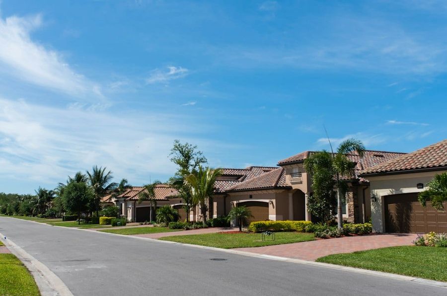 Quiet residential street lined with houses and trees