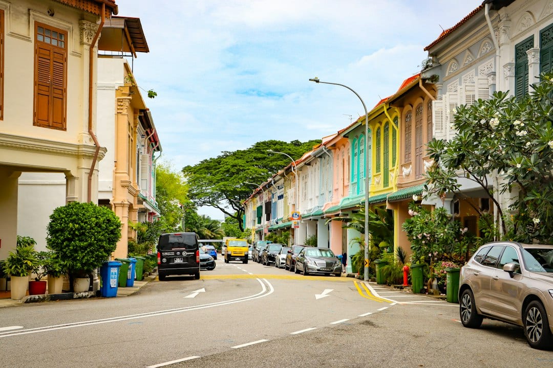 Colourful shophouses along a Singapore residential street